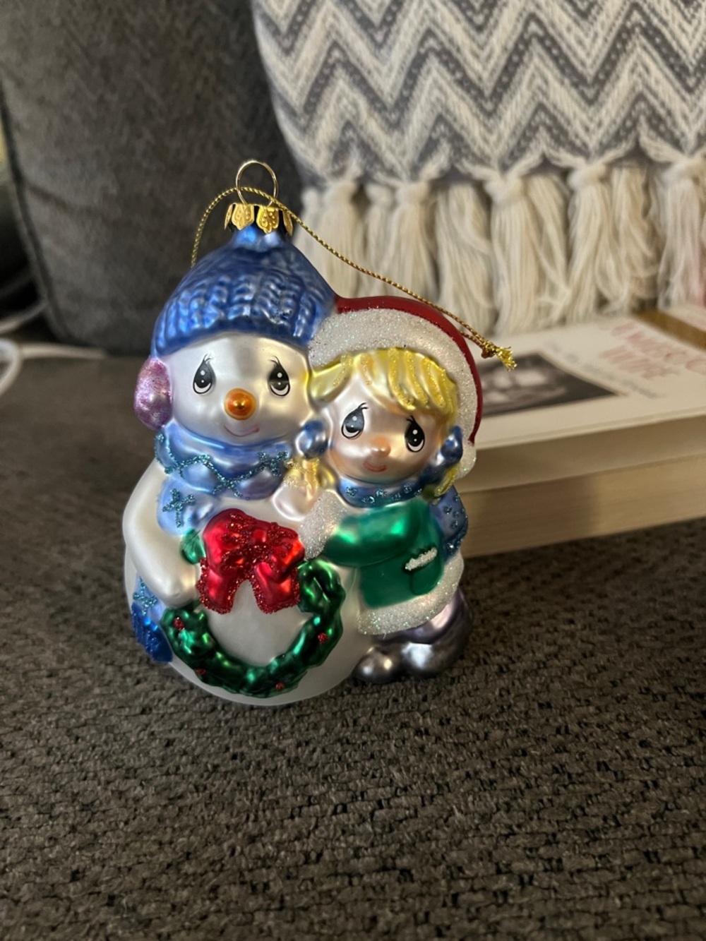 Precious Moments Blue, Green, Red Snowman and Child Christmas Ornament